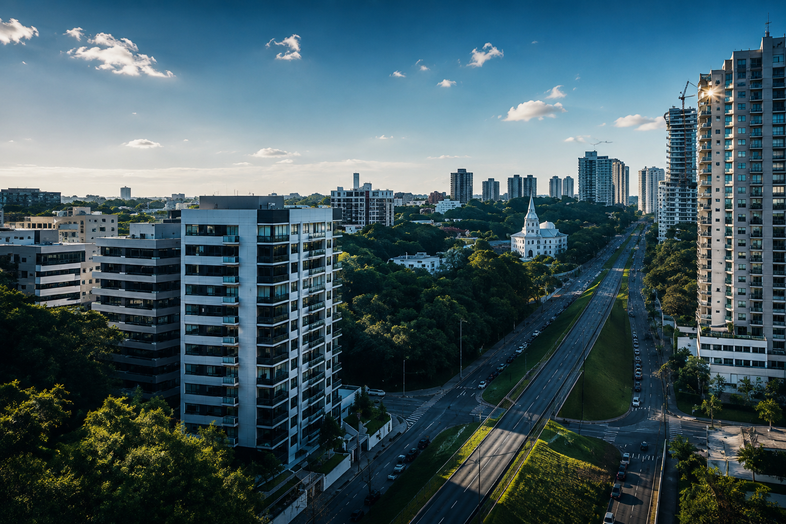 Torres residenciais contemporâneas e empreendimento em construção no skyline de Curitiba ao entardecer